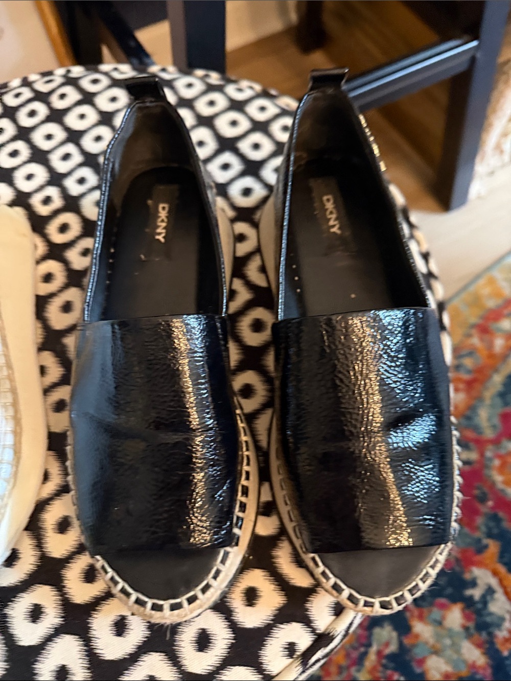 DKNY Black Patent Espadrille Slip-On Mules